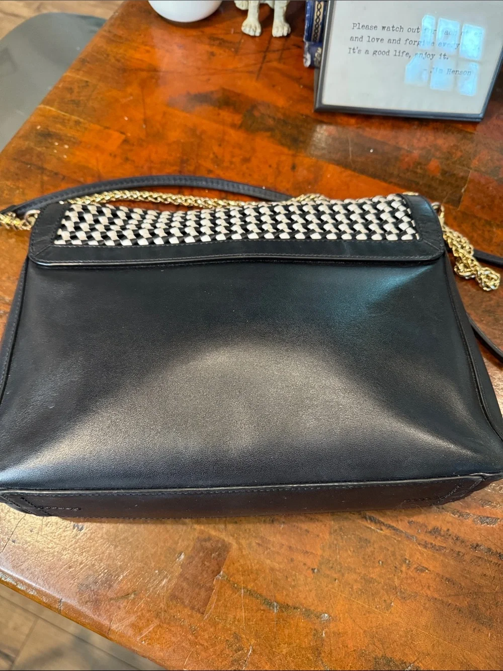 Tory Burch Black & White Woven Crossbody with Gold Chain